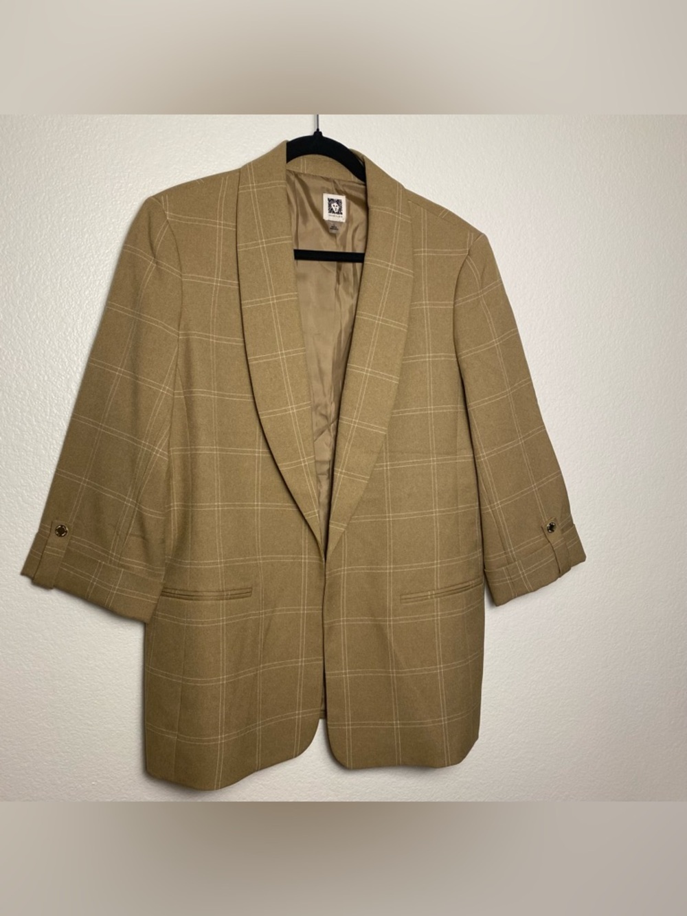 EUC Anne Klein Tan Plaid Blazer Size Large | Tailored 3/4 Sleeve Career Jacket